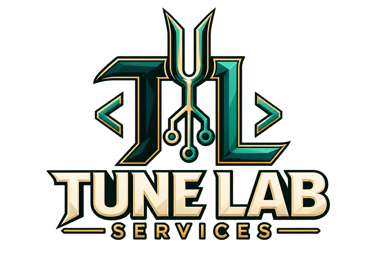 Tune Lab Services: a dark teal TL monogram with a tuning-fork circuit and gold outlines